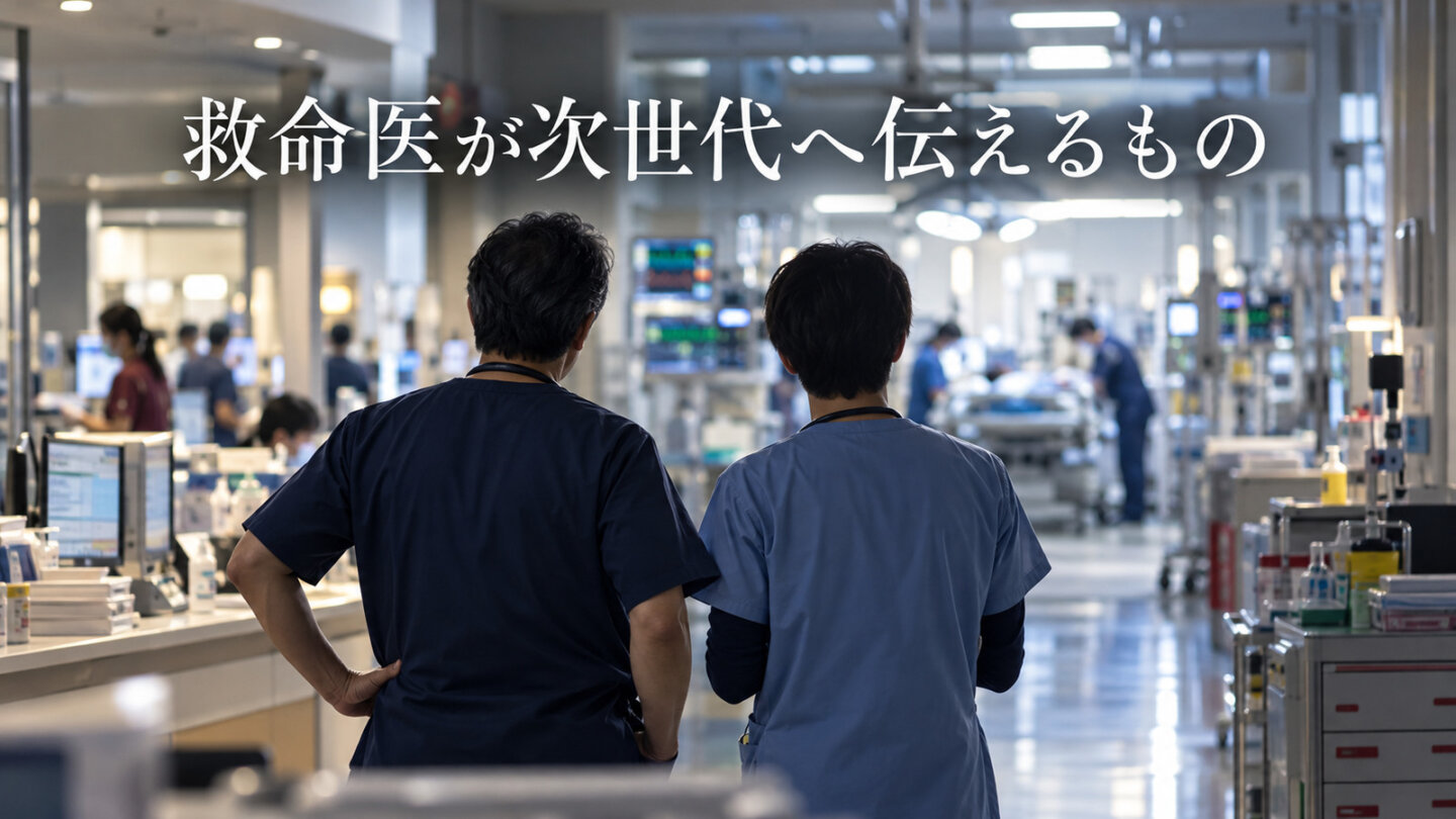 救命センターを見渡す二人の医師の後ろ姿と救命医が次世代へ伝えるものという見出し