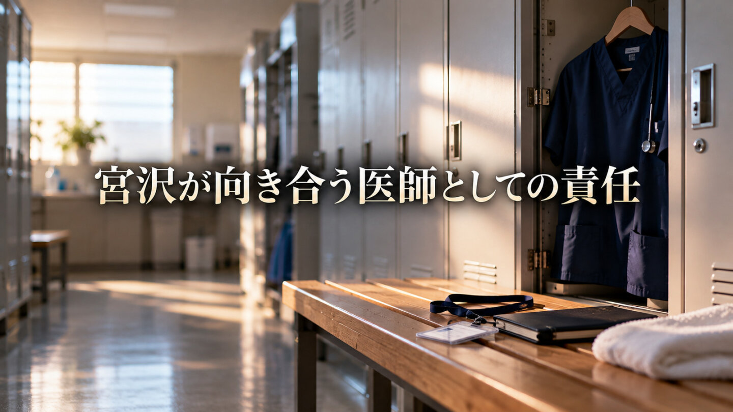 誰もいない病院の更衣室に置かれた医師の手帳とネームホルダー、紺色のスクラブ