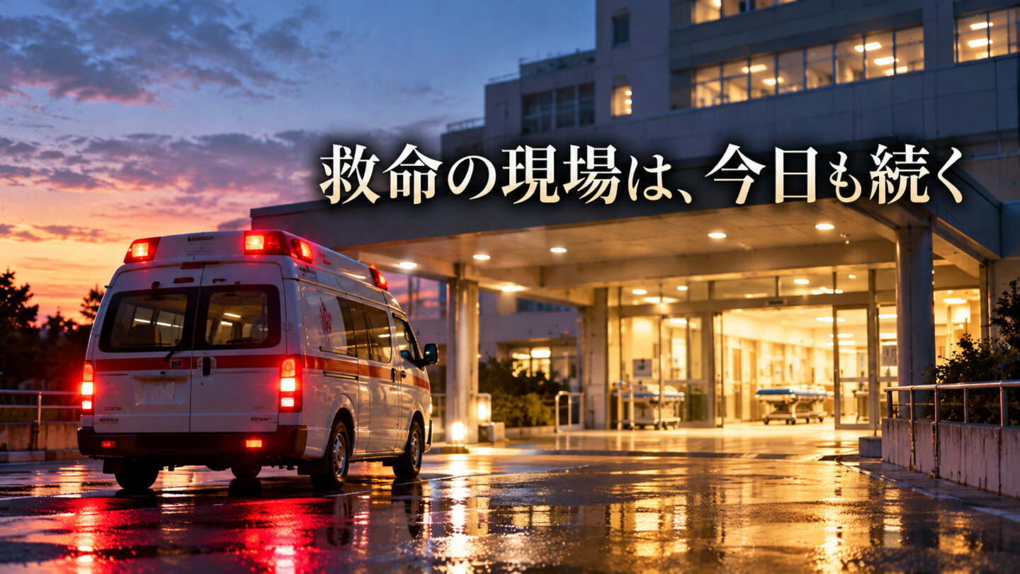 夜明けの病院救急搬入口に停まる救急車と救命の現場は今日も続くという見出し