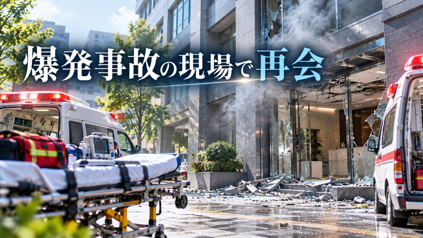 爆発事故後の建物と救急車、ストレッチャー。「爆発事故の現場で再会」の文字