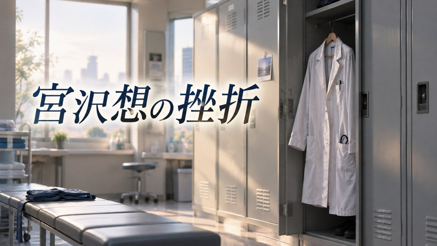 人物のいない医師用ロッカーと掛けられた白衣。「宮沢想の挫折」の文字