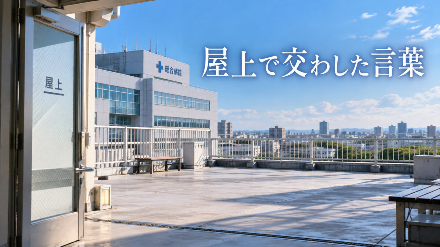 病院の屋上の扉と手すり、青空。「屋上で交わした言葉」の文字