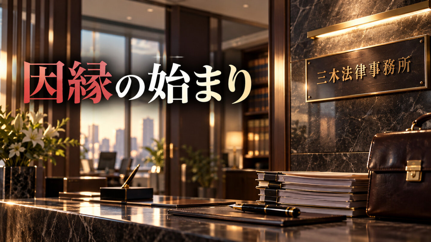 三木法律事務所の受付で古美門との因縁の始まりを象徴する画像
