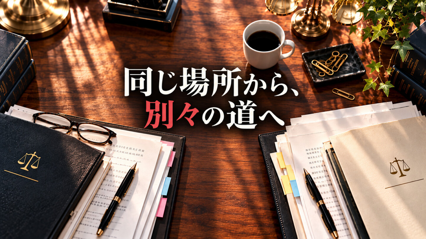 二組の裁判資料が離れて置かれ、三木と古美門が別々の道を歩むことを象徴する画像