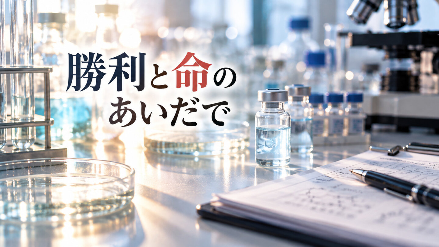 薬液瓶と実験記録が置かれた研究室で裁判の勝利と命の対立を表現した画像