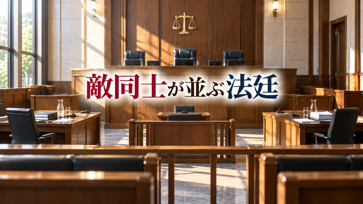 日本の法廷で裁判官席と左右に向かい合う当事者席を描いた画像