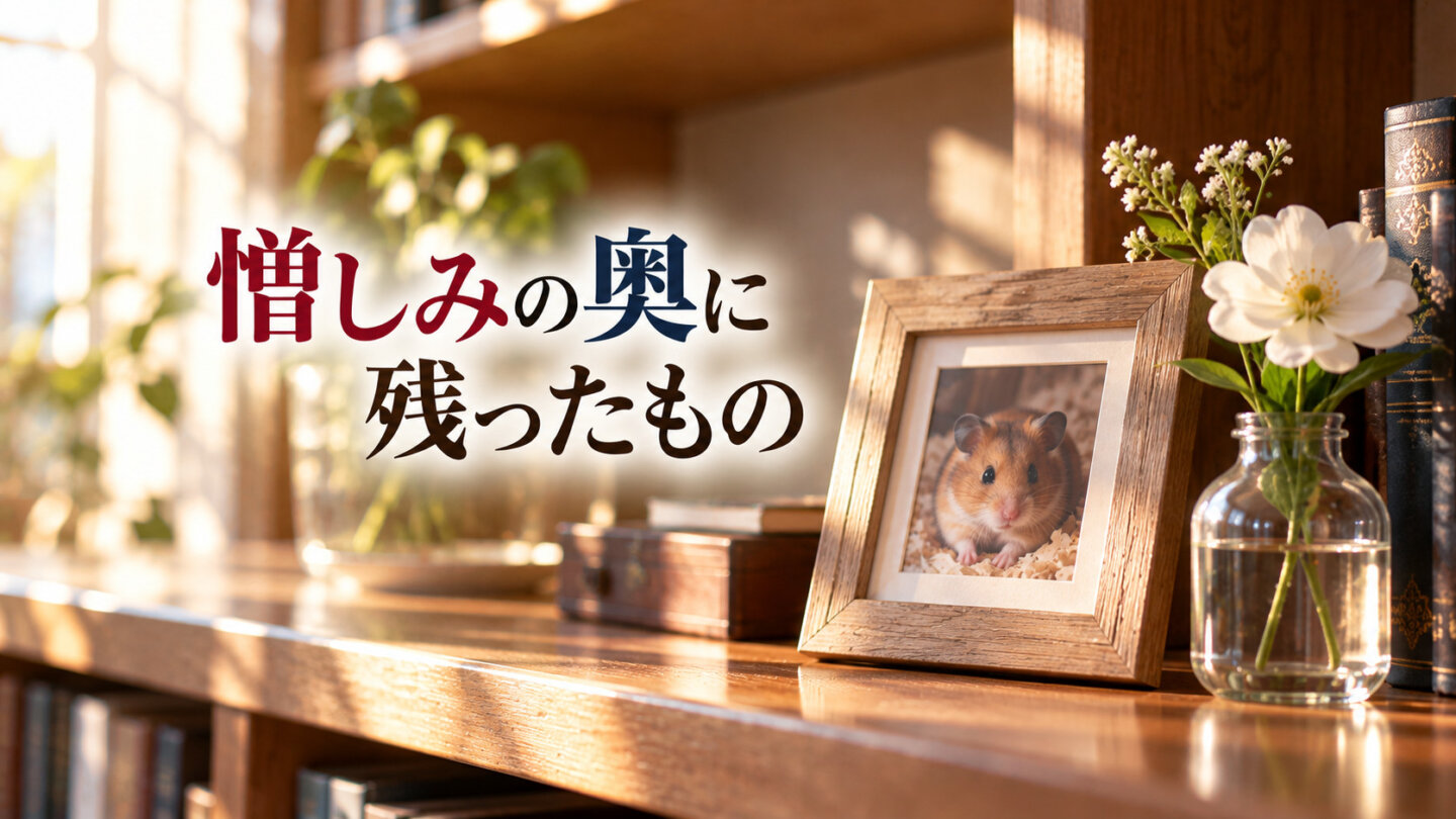ハムスターの写真と白い花を飾った棚で沙織への記憶を象徴する画像