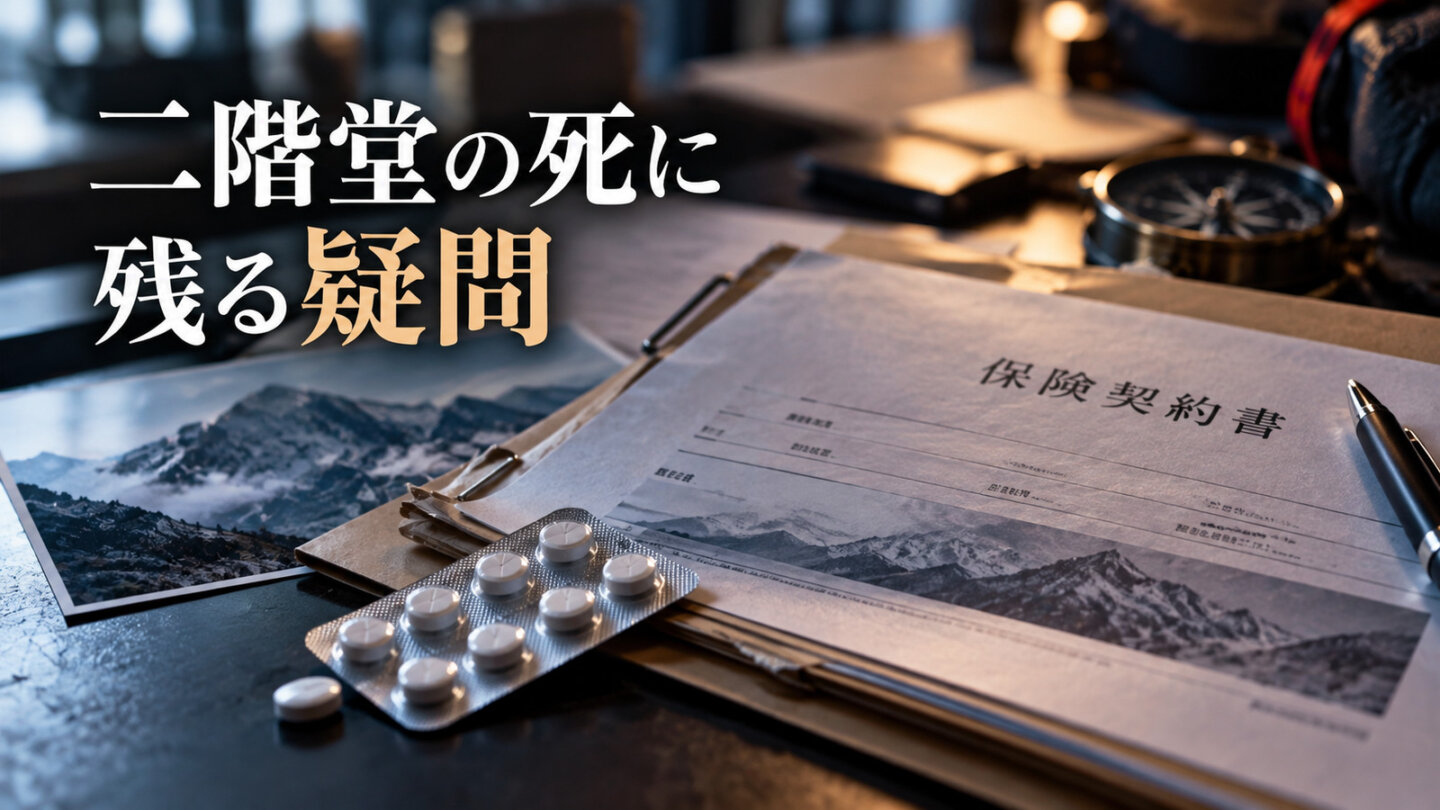 二階堂の死に残る謎を表す保険契約書と錠剤のイメージ