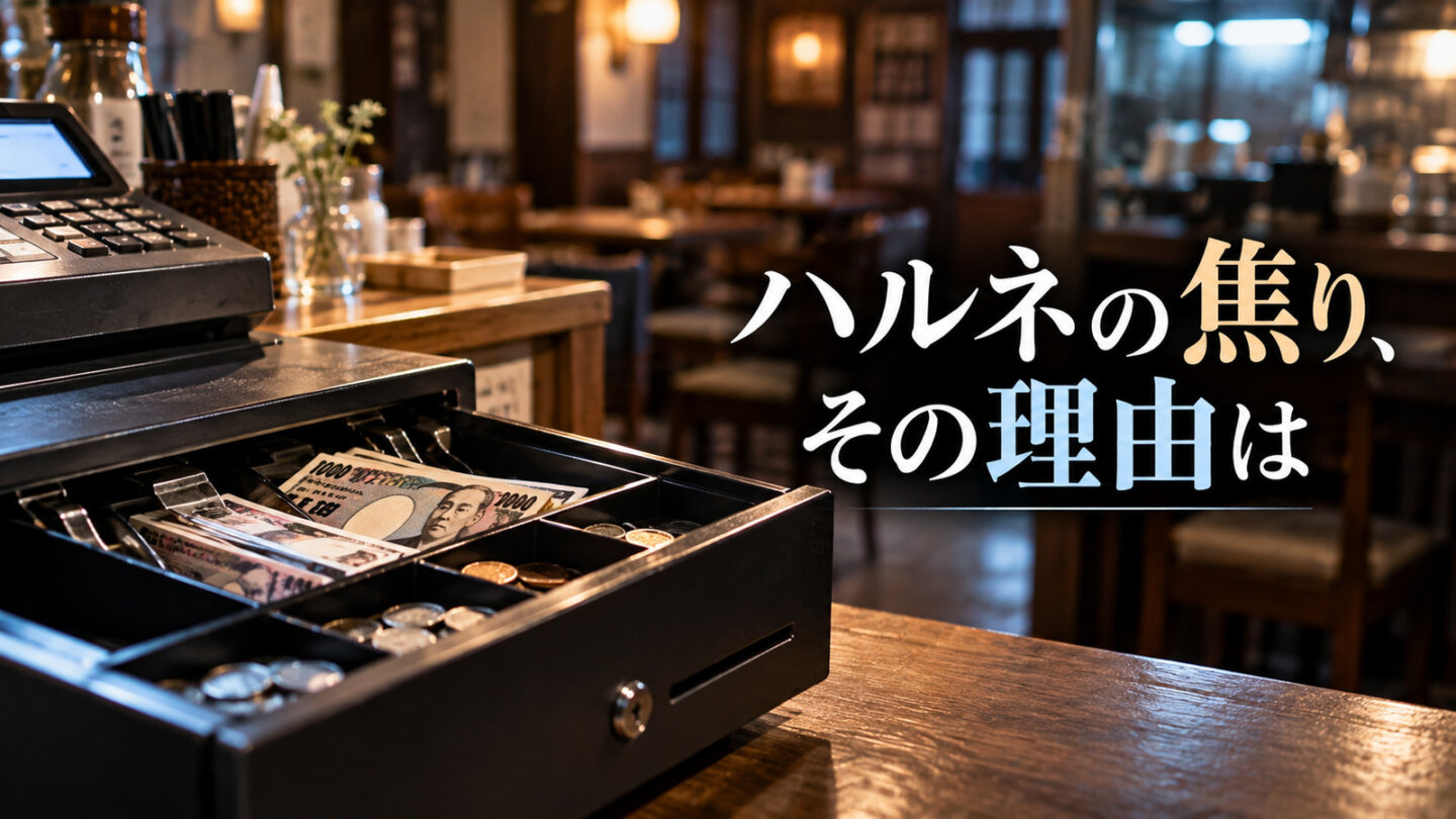 ハルネの焦りを象徴する開いたレジと現金