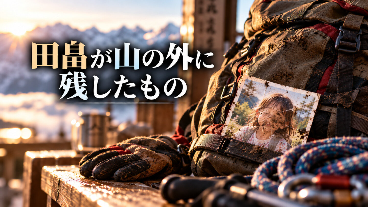 田畠が山の外に残した娘の存在を象徴する泥の付いた写真と登山用リュック