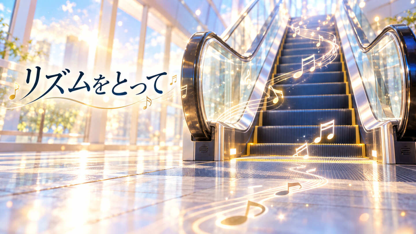 音符と柔らかな光に包まれたエスカレーター。南が湊人とリズムを合わせて乗る場面のイメージ