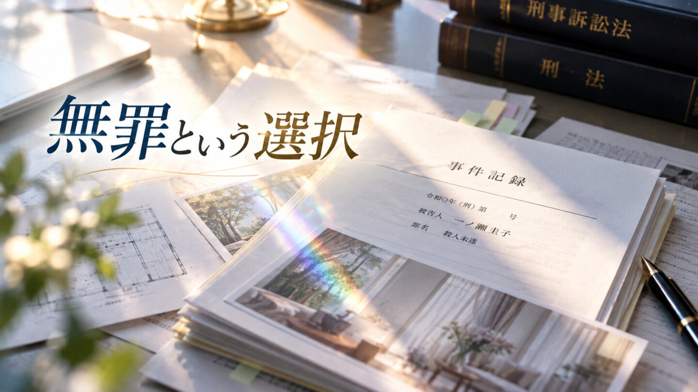 事件資料と法律書に光が差す、南の弁護方針を表すイメージ