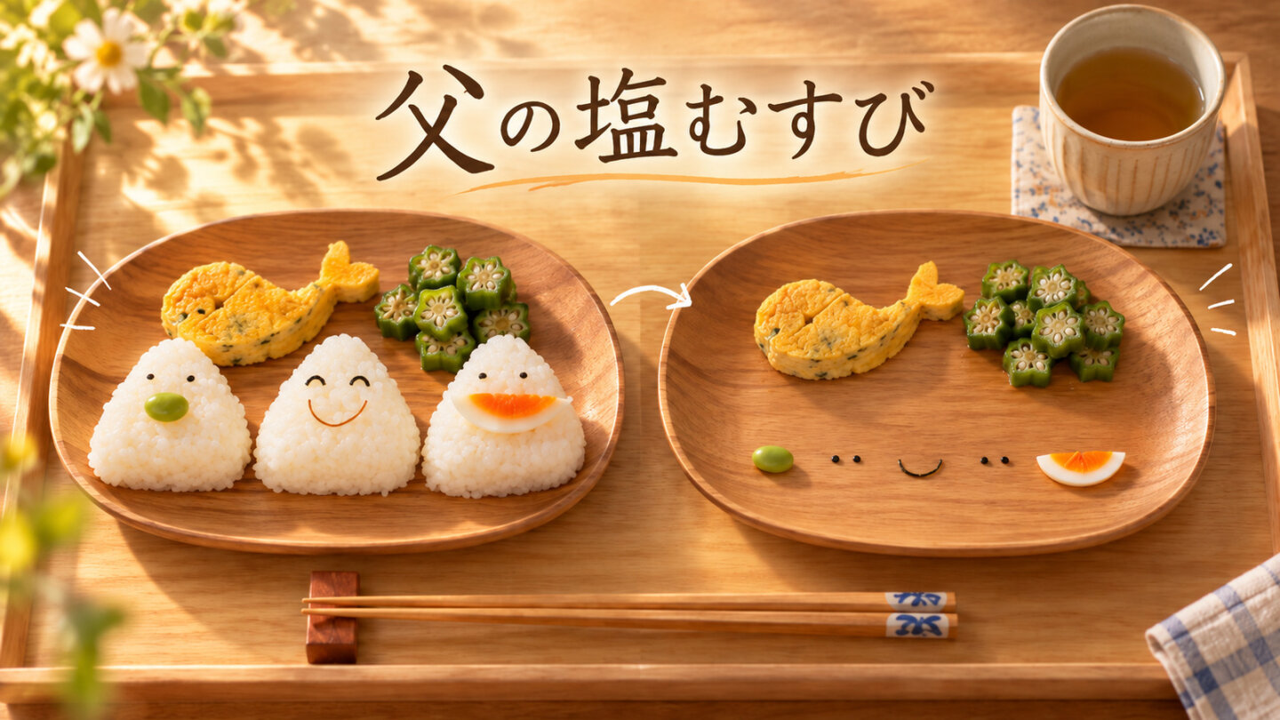 塩むすびが食べられ、おかずが残る食卓の前後を描いたイメージ