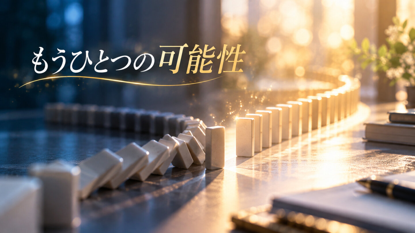 分かれ道を進むドミノが事件の別の可能性を表すイメージ