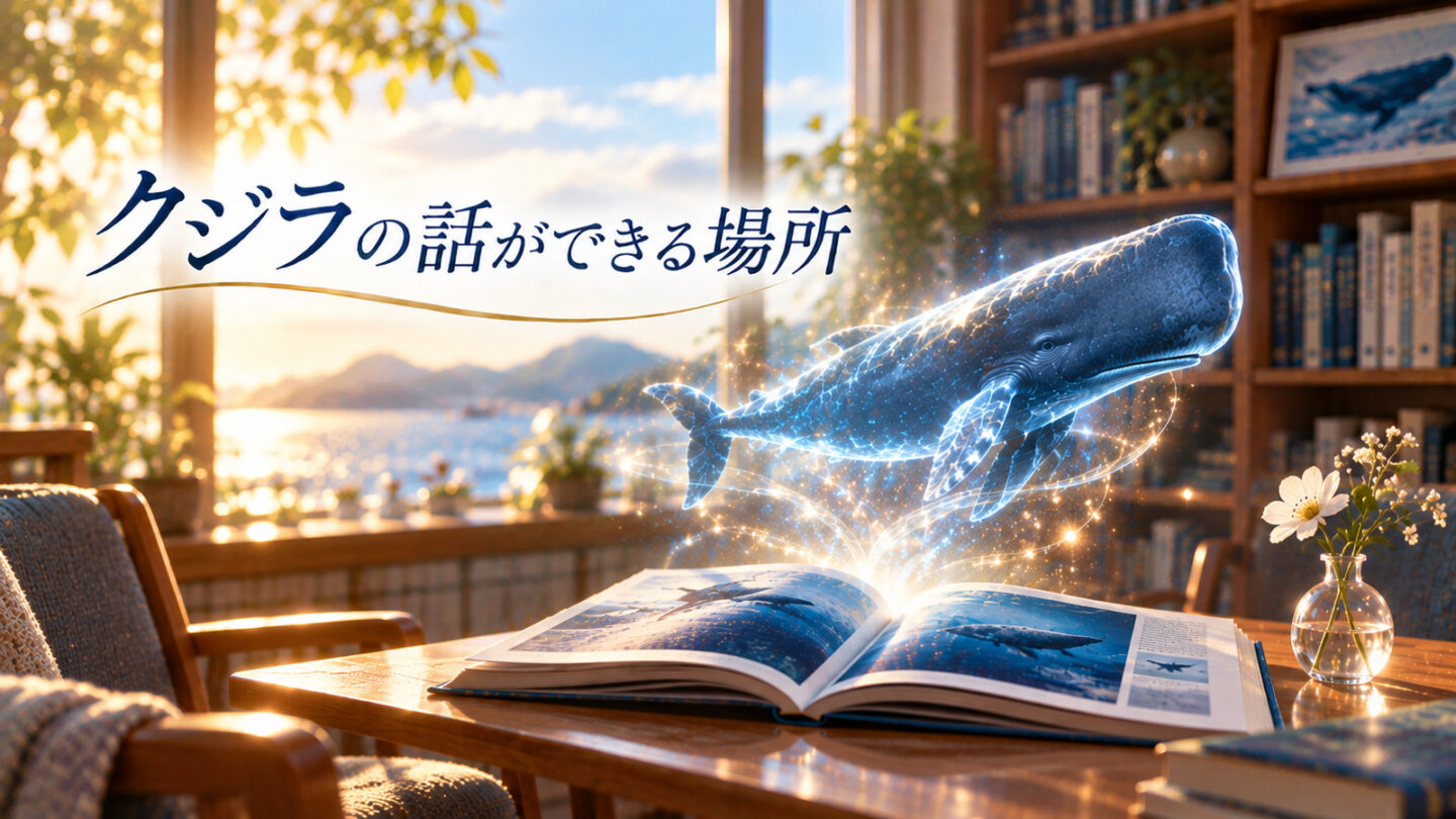 本の上に光るマッコウクジラが浮かぶ、会話を分かち合う時間のイメージ