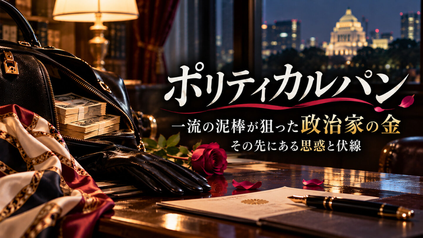 黒いバッグに収められた札束と上品なスカーフ、政治の金を狙う女泥棒を象徴したアイキャッチ