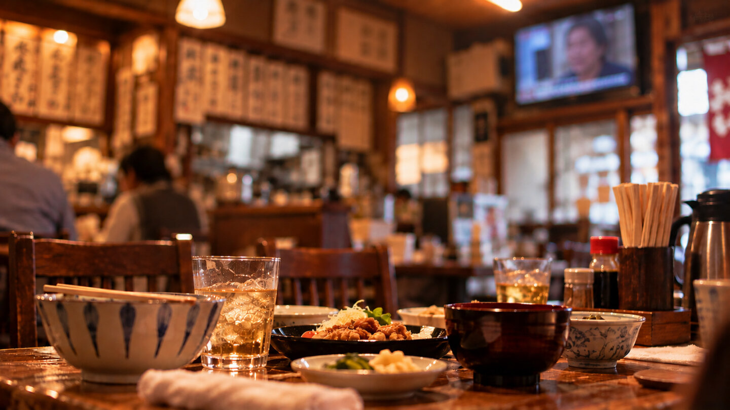 食堂から始まった物語 食器の並ぶ小さな食堂とぼやけたテレビ、弥生が官房機密費を知った場面を連想させる画像