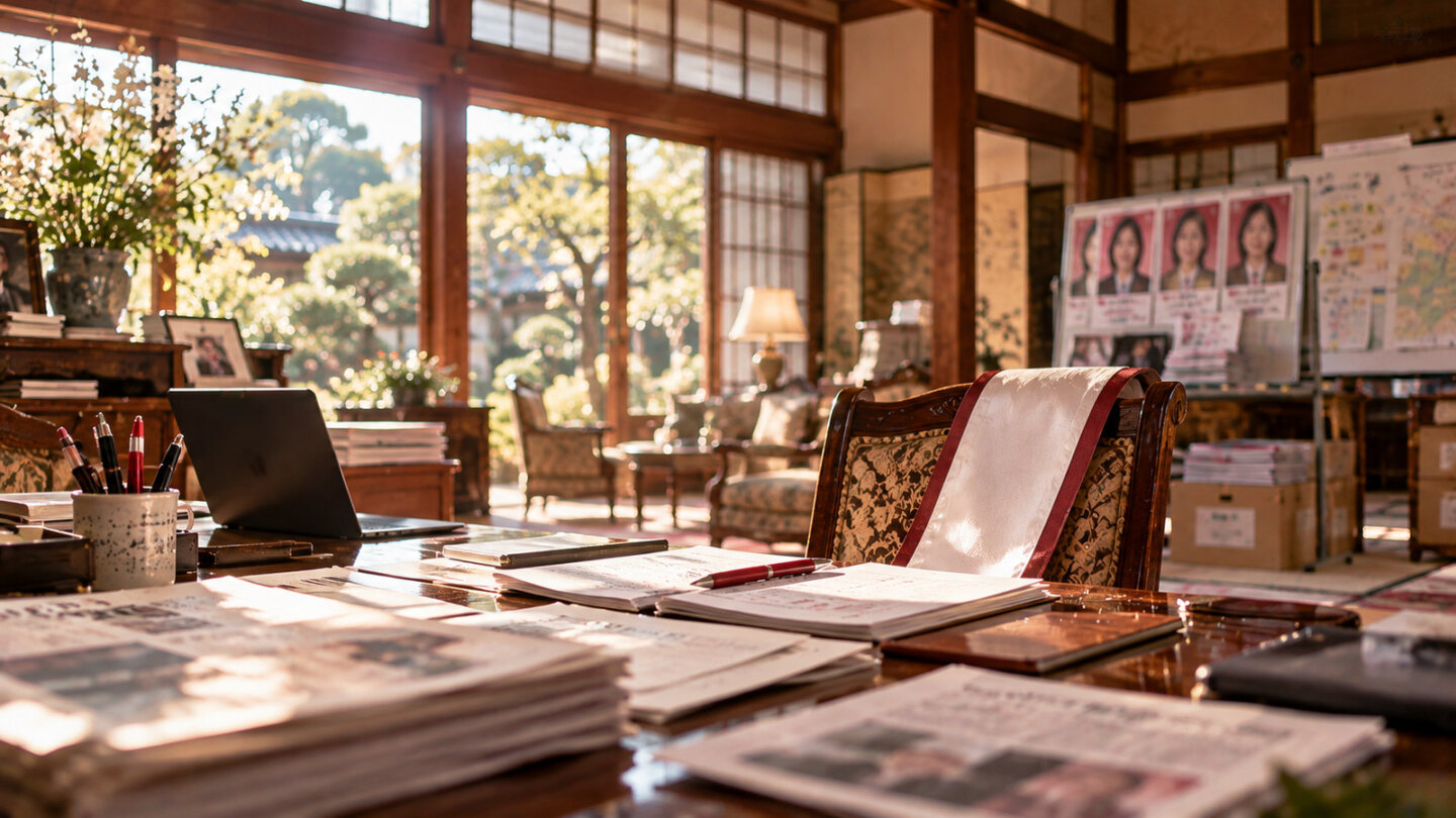 祖母の日本家屋を選挙事務所へ 広い日本家屋の庭園に面した室内と選挙用資料、雅が相続した家を選挙事務所にした展開のイメージ