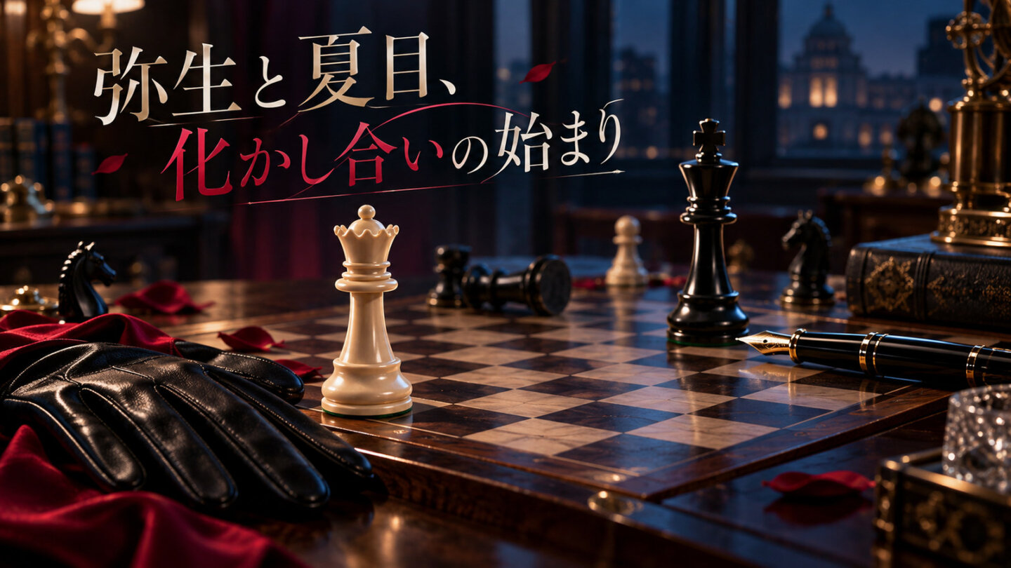 弥生と夏目、化かし合いの始まり 白いクイーンと黒いキングの向かい合うチェス盤、弥生と夏目の駆け引きを象徴する画像