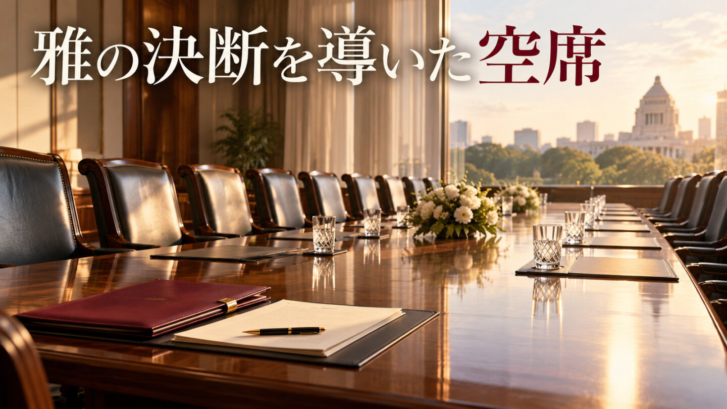 雅の決断を導いた空席 空席が並ぶ会議室と手元の資料、雅の議員連盟に誰も集まらなかった展開を象徴する画像