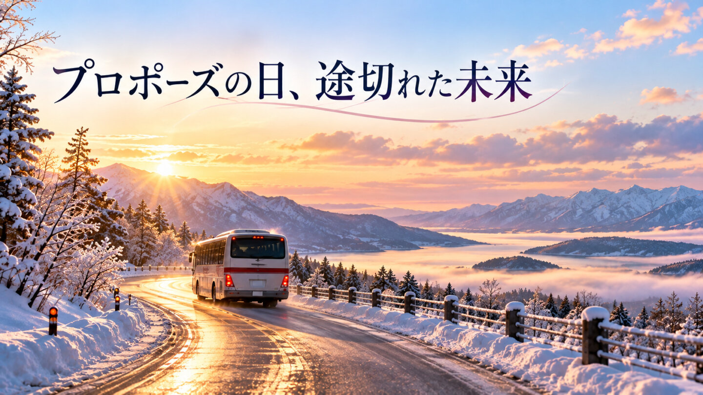 プロポーズの日、途切れた未来 雪山の道を走るバスを描いた、雄介とさえ子のプロポーズの日を象徴する画像