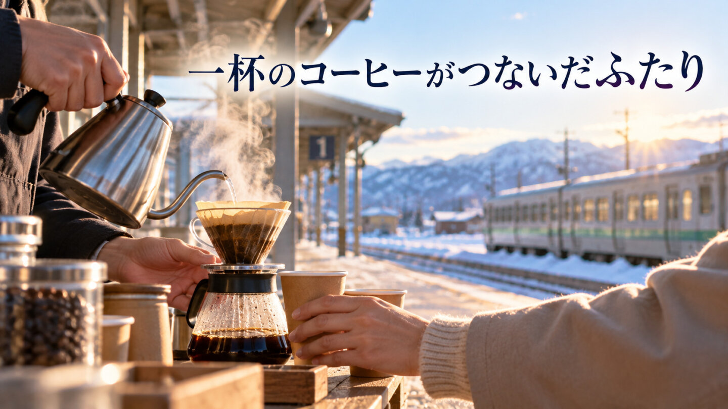一杯のコーヒーがつないだふたり 冬の駅でコーヒーを淹れる手元と列車を描いた象徴的な画像