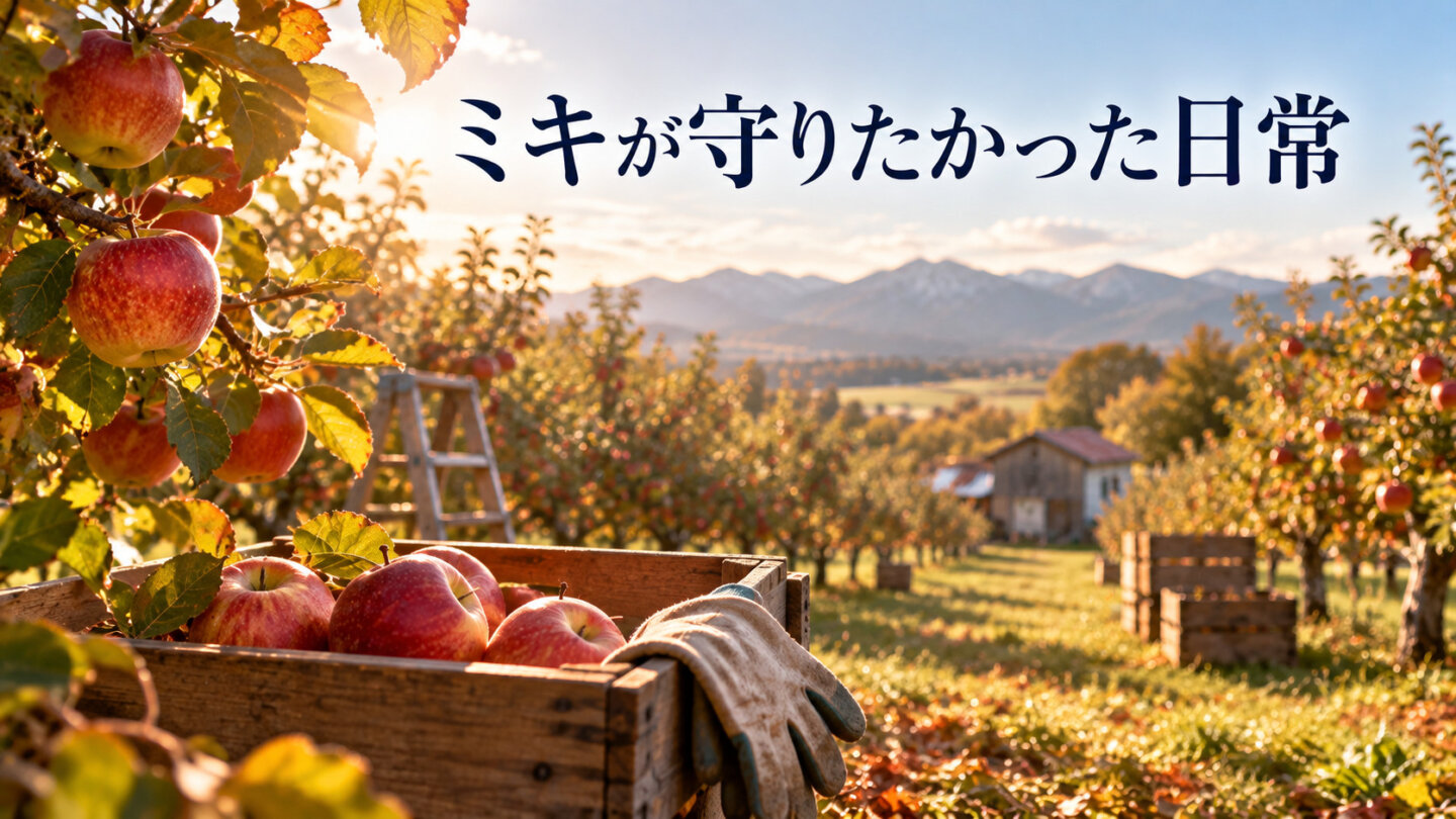 ミキが守りたかった日常 ミキの実家のりんご園を思わせる木箱と赤いりんごの画像