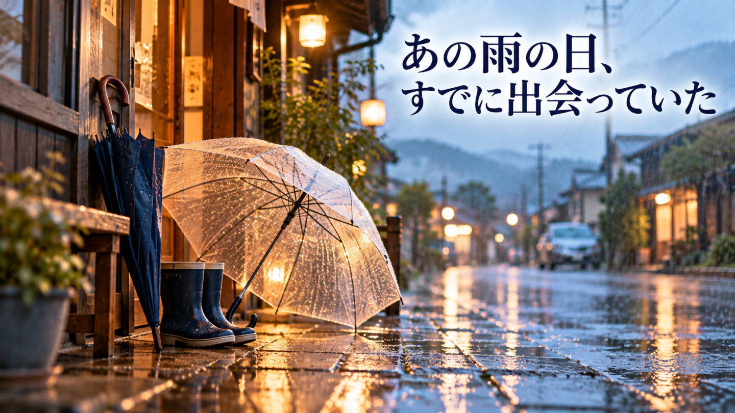 あの雨の日、すでに出会っていた 雨の街角に並ぶ傘が過去の偶然の出会いを象徴する画像