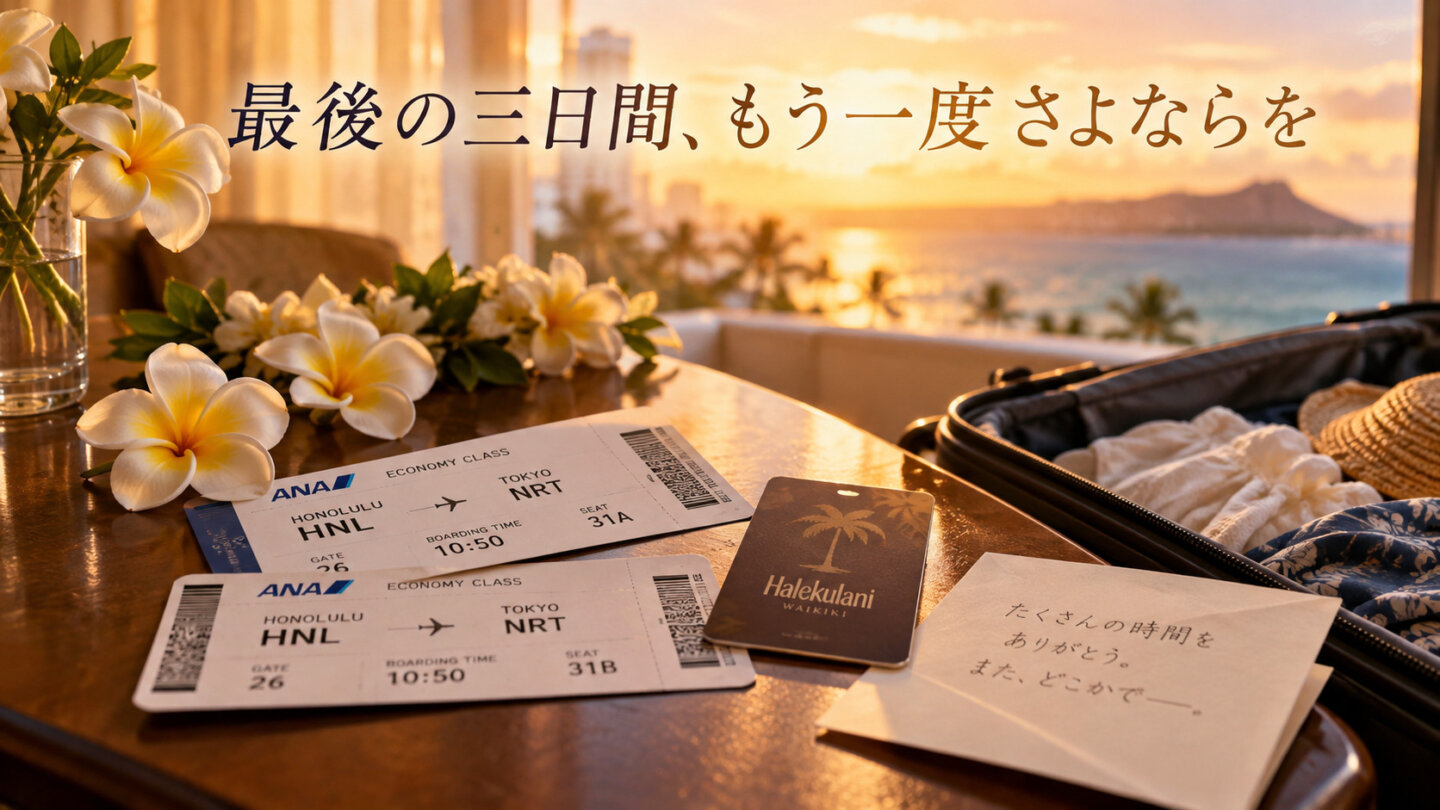 最後の三日間、もう一度さよならを ハワイの旅を象徴する搭乗券と小さな持ち物を並べたイメージ画像