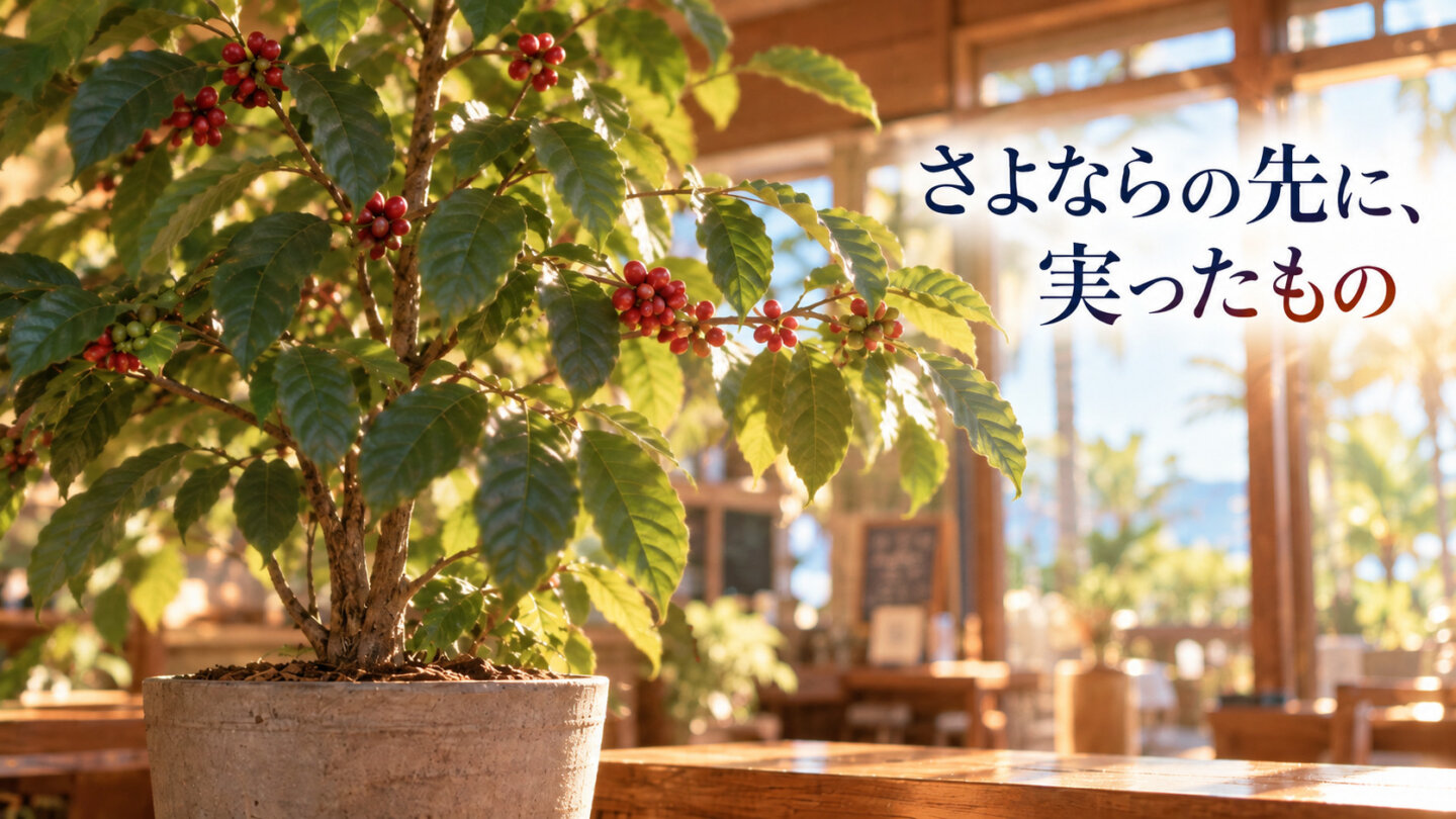 さよならの先に、実ったもの 大きなコーヒーの木に実る赤いコーヒーチェリーを柔らかな光で描いた画像