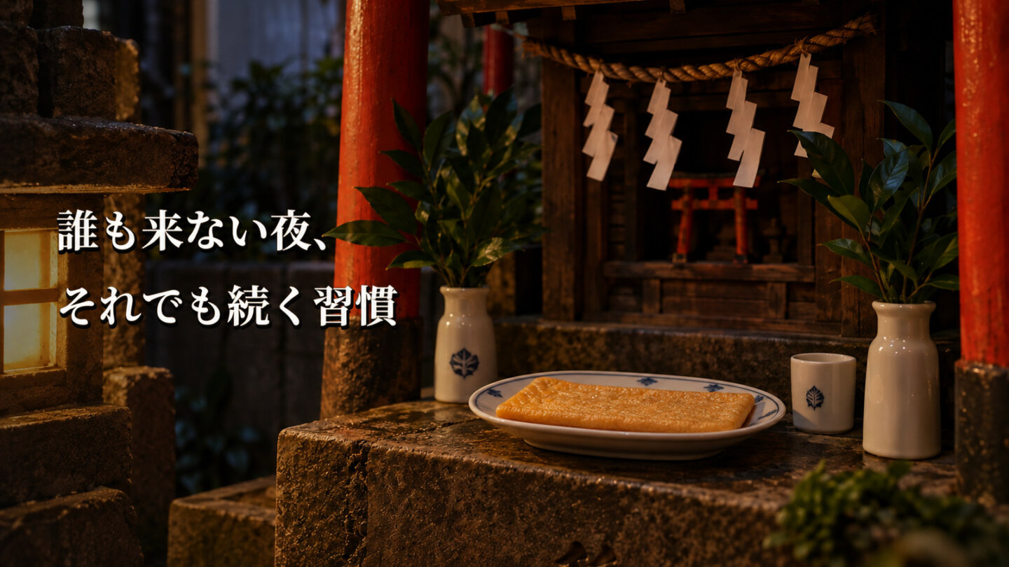 深夜食堂6 第1話 スライド3 深夜食堂6第1話・稲荷神社の横長のお皿に供えた一枚の油揚げ