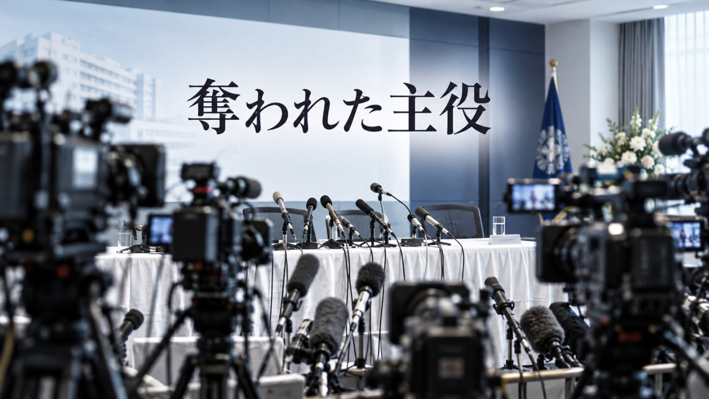 『白い巨塔』第1話、財前五郎に取材が集中する記者会見を象徴するカメラとマイク