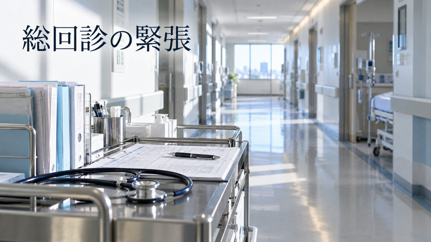 『白い巨塔』東教授の総回診での緊張を表す、病棟のカルテと聴診器