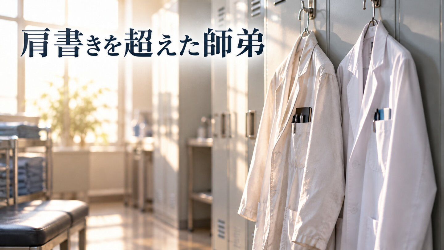 『白い巨塔』東教授と財前五郎の師弟関係を表す、ロッカーに掛けられた二着の白衣