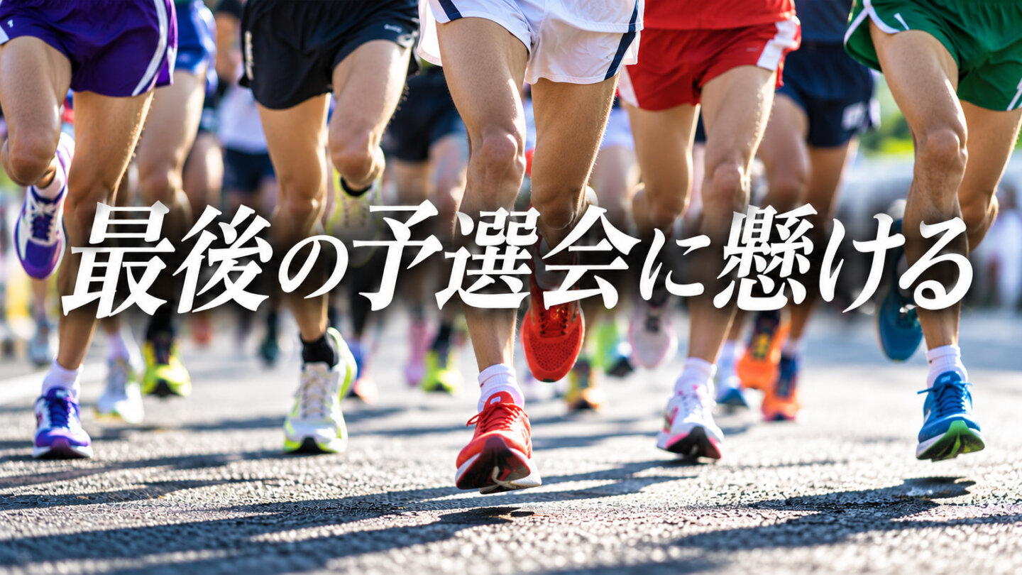 最後の予選会に懸ける|俺たちの箱根駅伝 駅伝の予選会に挑む細身のランナーの足元を正面から捉えた写真調イメージ
