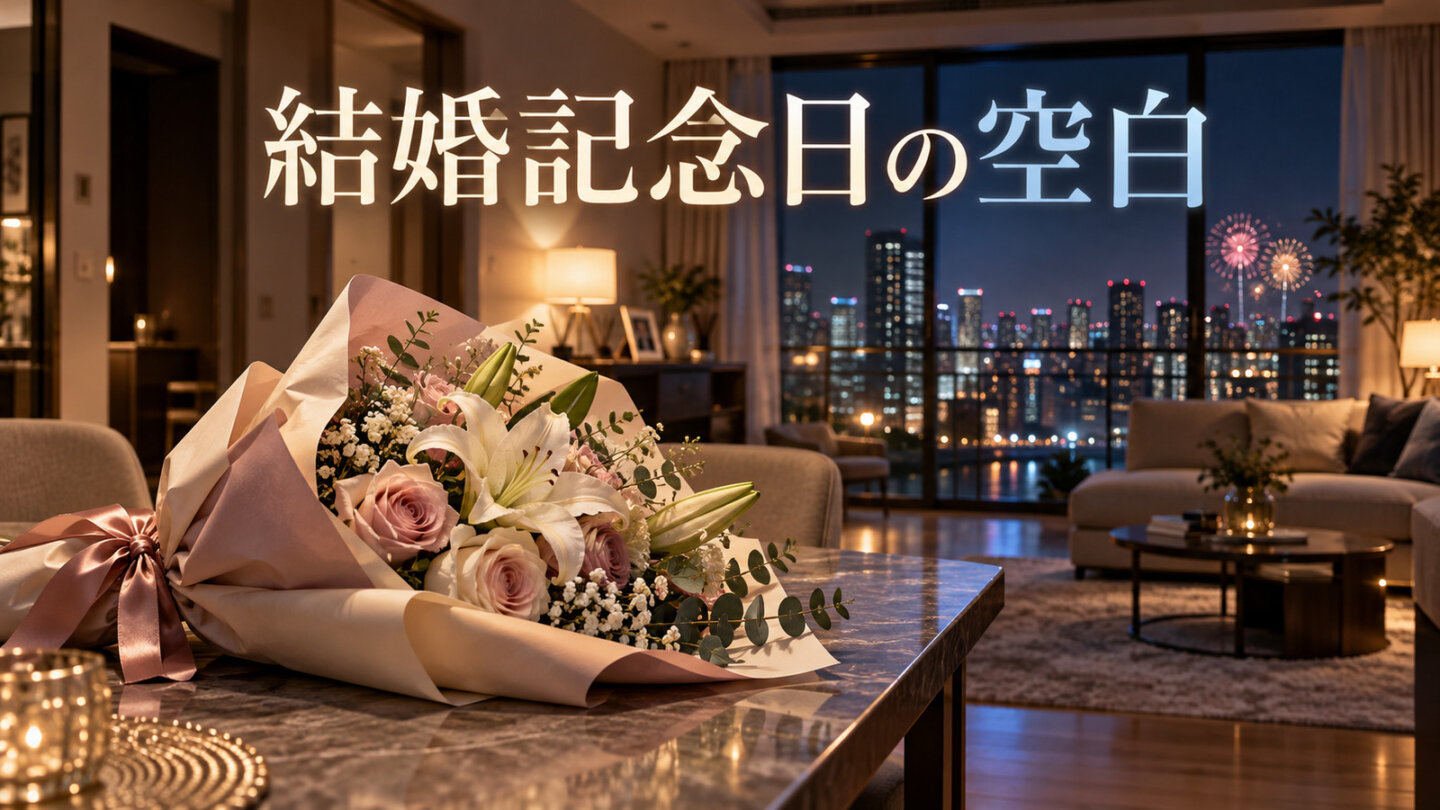 結婚記念日の空白|kiDnap GAME 花束だけが残された夜のリビングと窓の外の花火を描いたイメージ