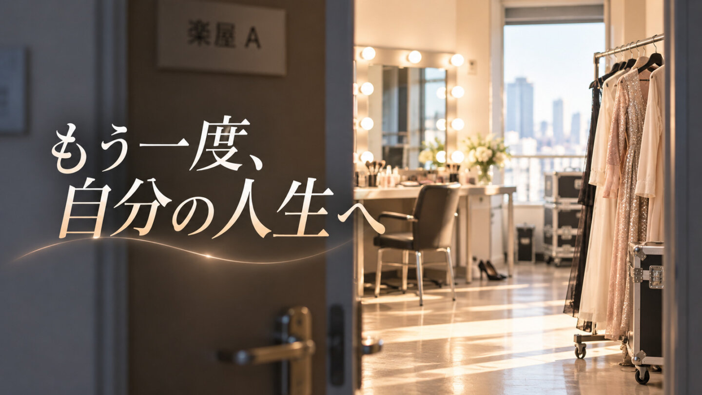 もう一度、自分の人生へ|妻を引退します 開いた楽屋の扉から明るいメイクルームと衣装が見えるイメージ