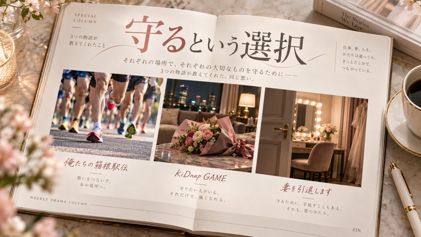 守るという選択|3つのドラマが残した問い ランナー、花束、楽屋を紹介した雑誌の見開きに守るという選択の文字を置いた画像