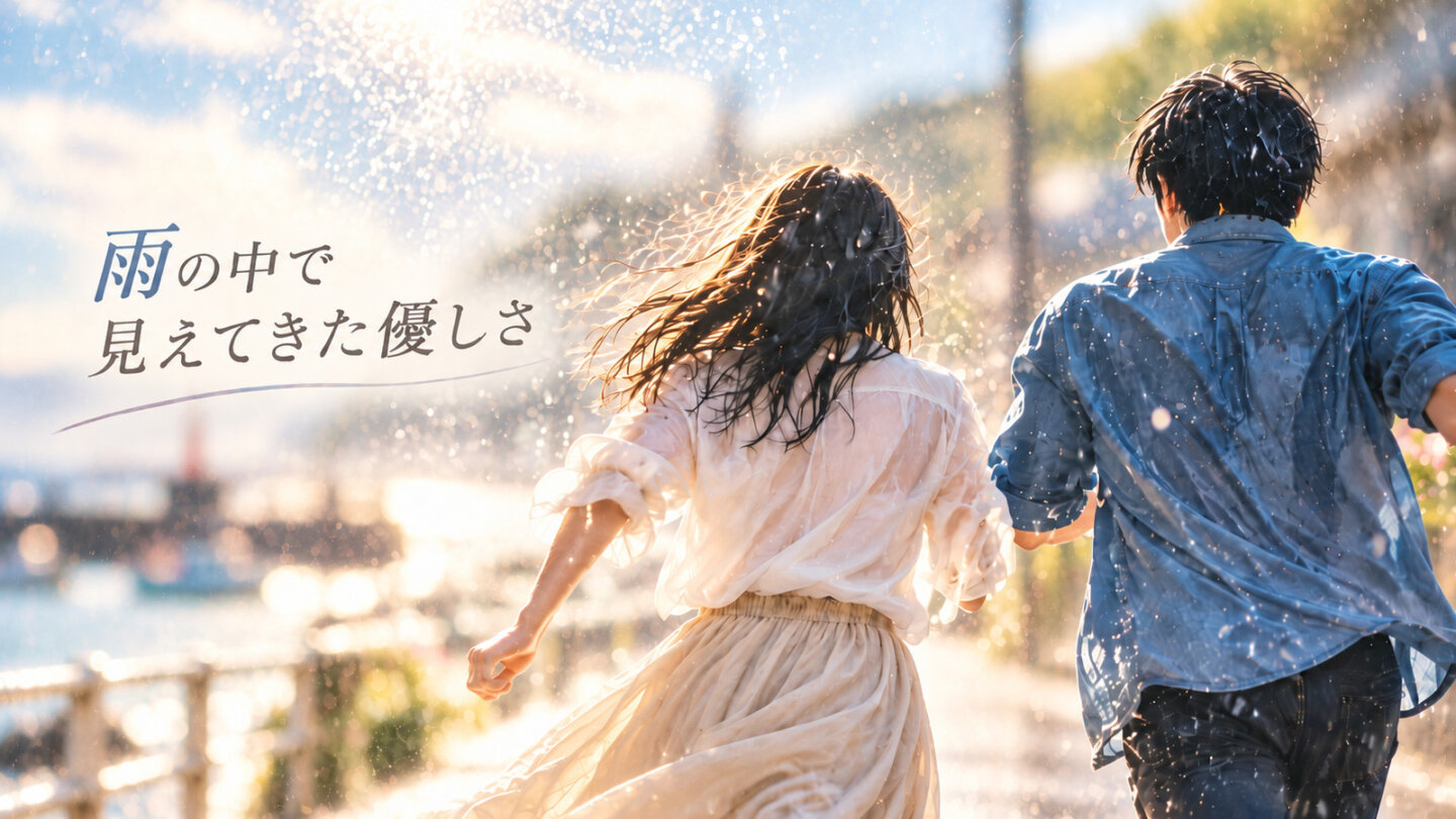 あにいもうと。日中の雨が輝く海辺の町を走る男女の後ろ姿