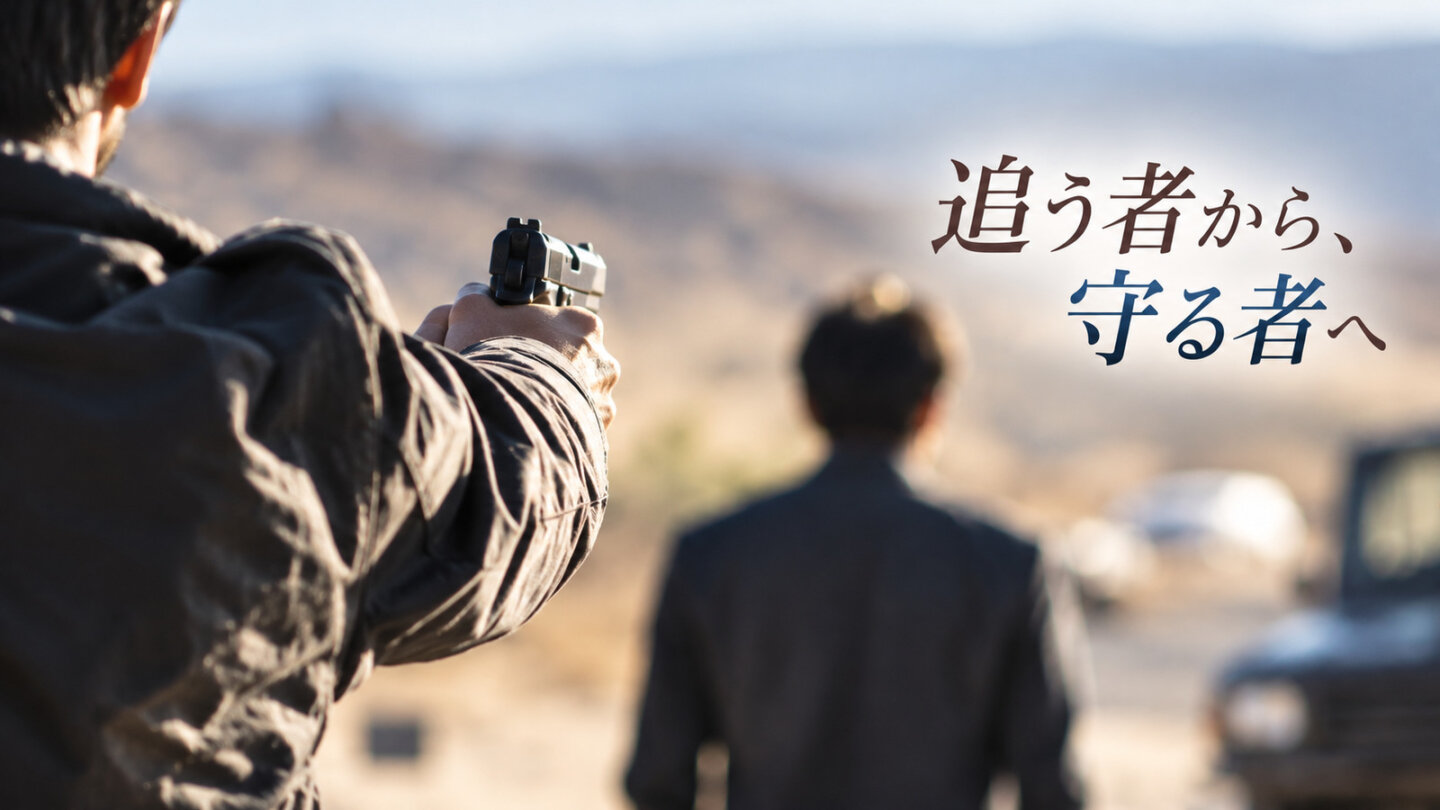 VIVANT。乾いた大地で銃を構える人物の肩越しに立つ男性の後ろ姿